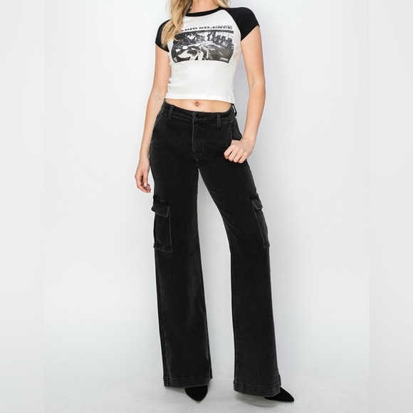 NWT RISEN PLUS + REG Size Black High Rise Wide Leg 90s Cargo Jeans - Picture 7 of 8